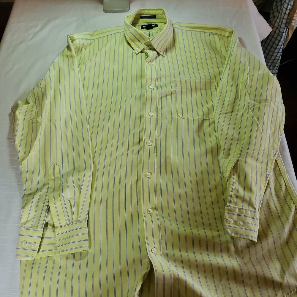 Lands End Mens Button Down Shirt 17.5-36 XLT Extra Long Tall Yellow Striped